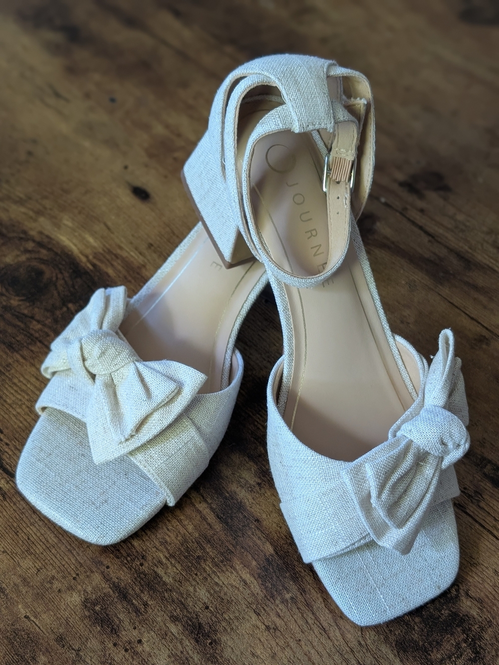 Journee Collection "Zevi" Beige Bow Block Heel Sandals